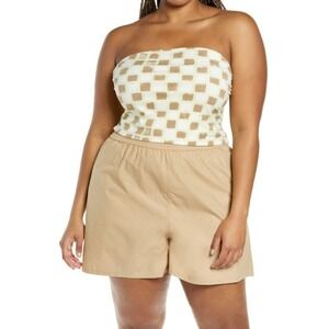 BP. Women's Plus Size Cotton Blend Tube Top in Green Ivory Tic Tac Check Size 1X